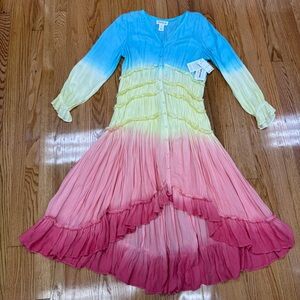 NWT For The Republic Pastel Tie-Dye Sunset Stripe Ombre Ruffle Hi-Low Dress